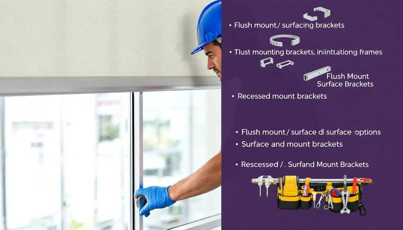 A professional installer is mounting sleek solar shades in a bright room, showcasing a variety of mounting bracket options nearby. The shades are designed for effective light filtration and glare control, providing UV protection and enhancing privacy in living spaces.