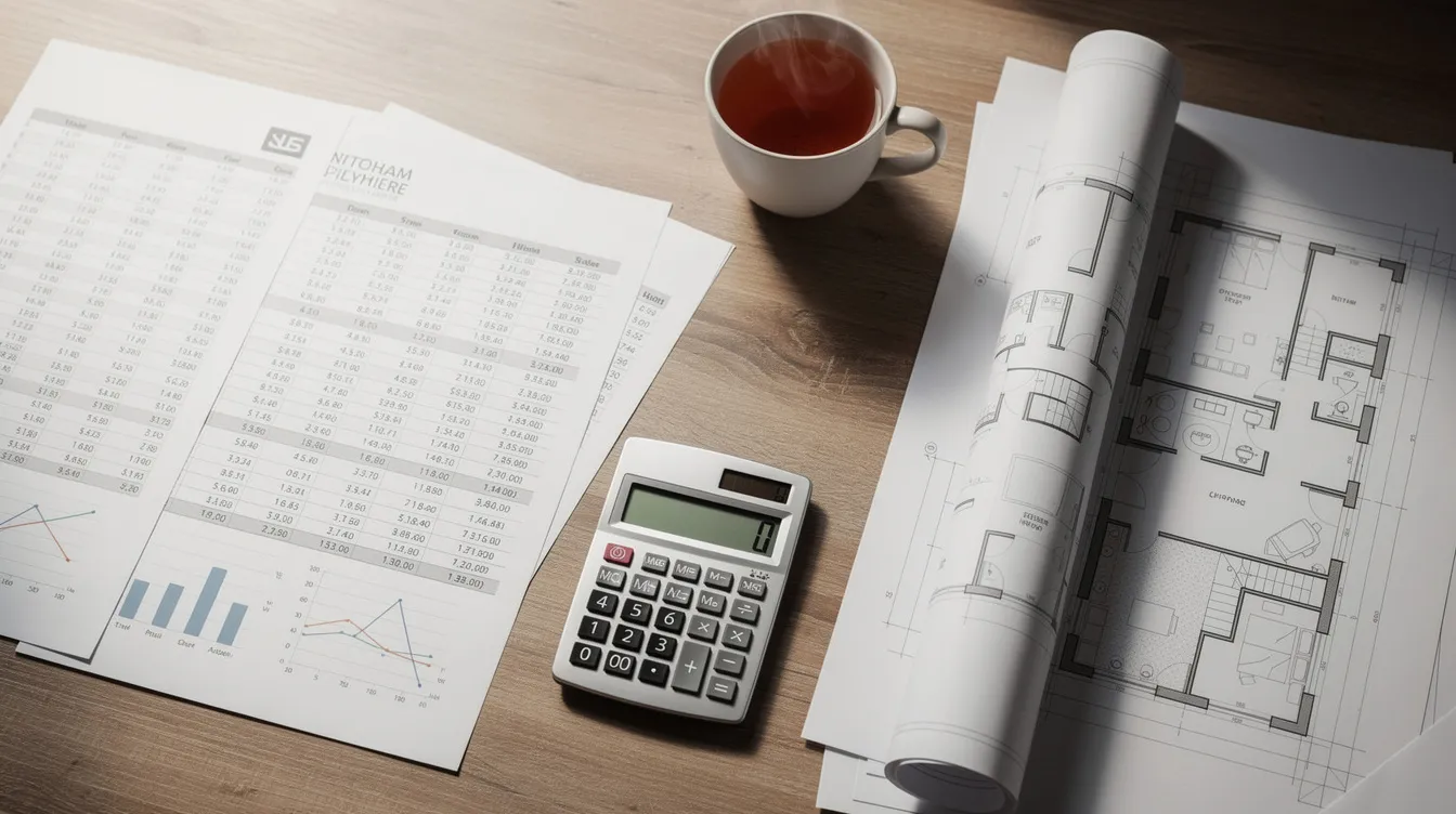 bb3175a5 46bf 4235 acc6 cc999cd4972f The image depicts a financial planning workspace featuring spreadsheets, a calculator, architectural drawings, and a cup of tea, all arranged on a wooden desk, reflecting the meticulous preparation often involved in hotel project financing and construction cost analysis within the hospitality sector. This setup signifies the importance of detailed project reports and financial analysis in the hotel business to ensure long-term success and effective investment decisions.