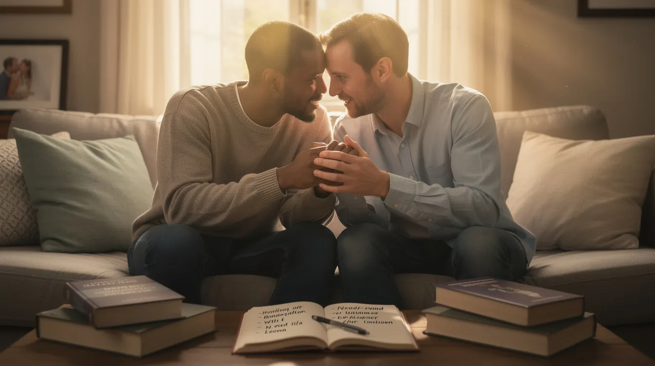 The image depicts a married couple sitting together in a cozy living room, engaged in a heartfelt conversation, symbolizing the importance of communication in preventing divorce. They are surrounded by family photos, illustrating a commitment to their relationship and the effort required to manage marital problems through marriage counseling and quality time together.