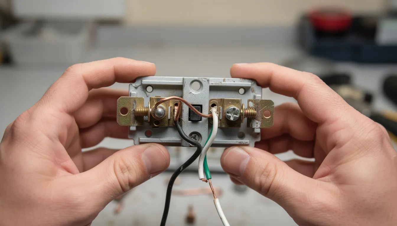 A close-up view of hands inspecting the back of an ignition switch, revealing terminal posts and wiring connections, which are essential for proper installation in equipment such as skid steer loaders. This image highlights the intricate details necessary for understanding the switch's compatibility and functionality.