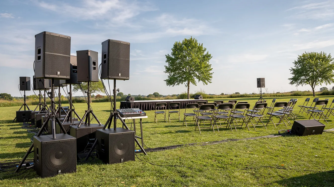 The image shows an array of professional speakers set up next to an outdoor viewing area, creating a vibrant atmosphere for a watch party. Guests can enjoy good food from nearby food trucks while preparing for the main event on the big screen, complete with enough seating for larger groups to cheer for their favorite team.