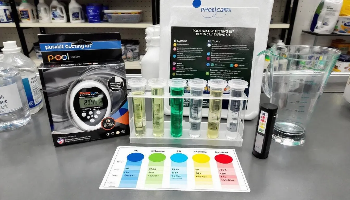 The image shows a variety of pool water testing kits available in a store, designed for pool owners to check essential chemical levels like free chlorine, combined chlorine, and pH levels for proper pool maintenance. These kits help ensure the swimming pool's water chemistry is balanced, promoting a safe and enjoyable swimming experience.