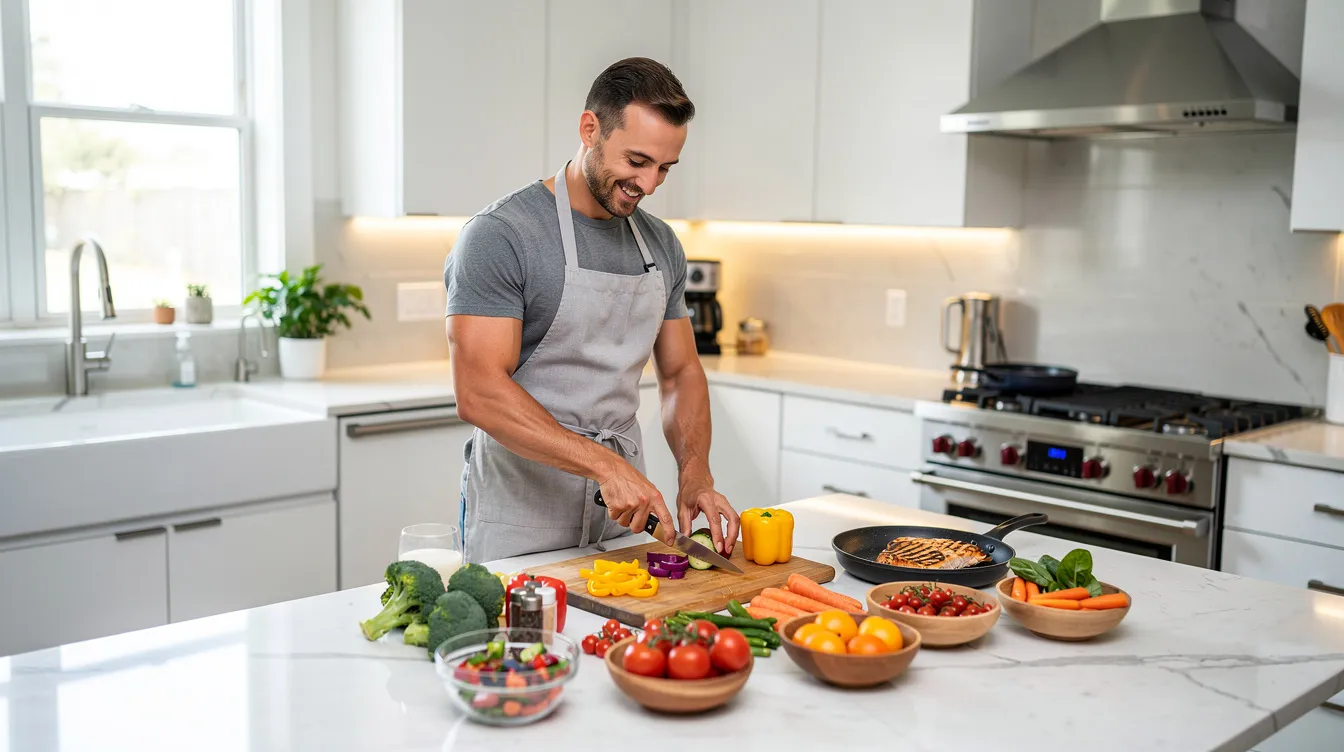 A man is seen in a modern kitchen, skillfully preparing a healthy meal that includes a variety of colorful vegetables and lean protein. This scene emphasizes the importance of a balanced diet in maintaining hormonal balance and regulating estrogen levels for overall health.