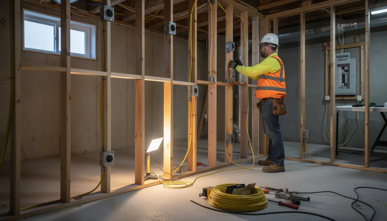 A construction worker is installing electrical wiring in the basement framing, preparing for a sauna installation. The scene highlights the careful planning necessary for creating a home sauna, which may include features like a sauna heater and proper ventilation for an optimal sauna experience.
