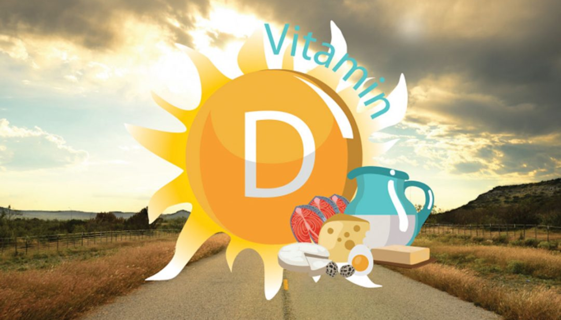 "Illustrasjon av sol med teksten Vitamin D, omgitt av matvarer som fisk, egg, ost og melk, symboliserer kilder til vitamin D."