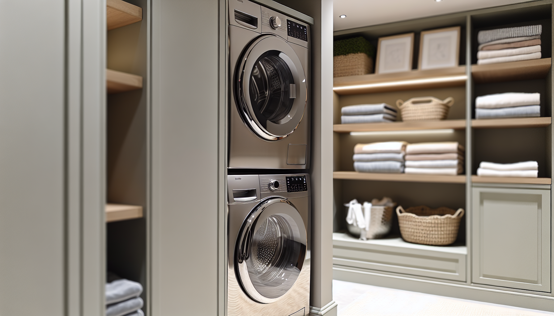 Stackable washer and dryer in a compact laundry room