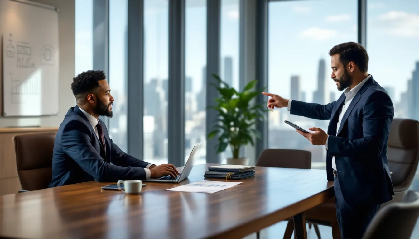 A business owner is consulting with a certified valuation professional in an office setting, discussing independent third party valuation services to determine the fair market value of the company. The conversation focuses on smart business decisions related to the company's position in the market and the implications for employee stock ownership plans and potential acquisitions.