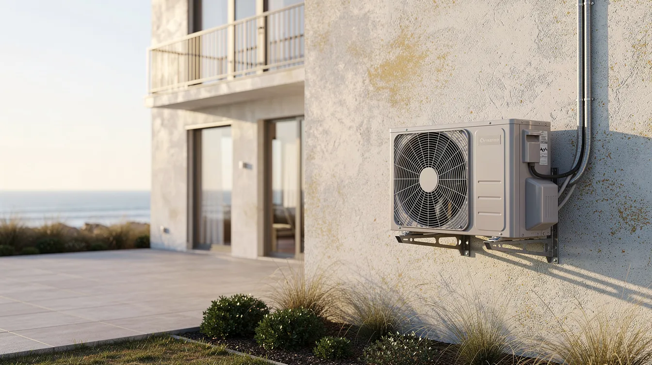 The image depicts a coastal residential property featuring an outdoor air conditioning unit mounted on the exterior wall. This air conditioning system is essential for maintaining a comfortable indoor environment, especially during warm weather.