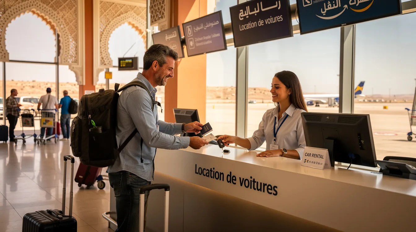 Un touriste étranger se tient au comptoir d'une agence de location de voitures à l'aéroport de Marrakech, où il est accueilli par le personnel pour récupérer son véhicule. L'expérience de service client semble fluide et agréable, permettant au client de profiter pleinement de son séjour au Maroc.
