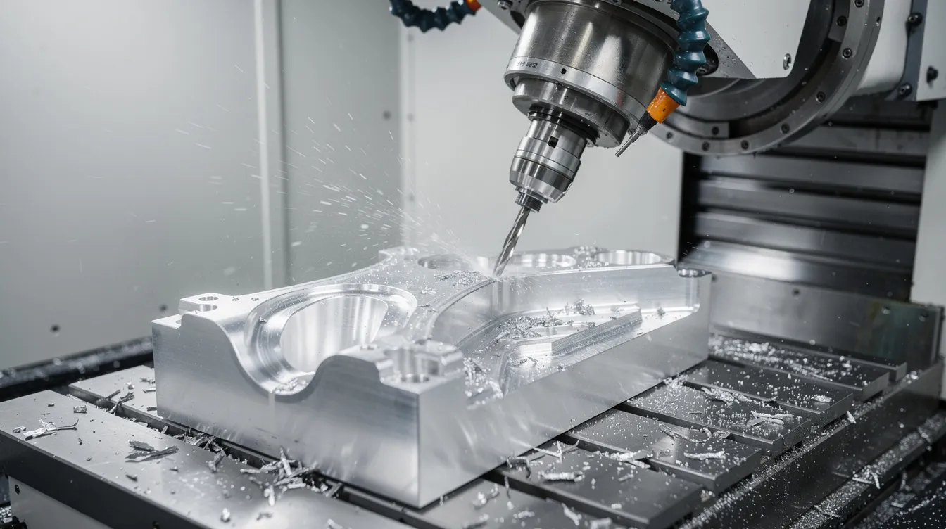 A five-axis CNC milling machine is actively cutting a complex curved aerospace bracket from a solid aluminum block, showcasing advanced CNC machining capabilities. This high precision CNC machining process is essential for producing custom CNC machined parts used in aerospace applications.