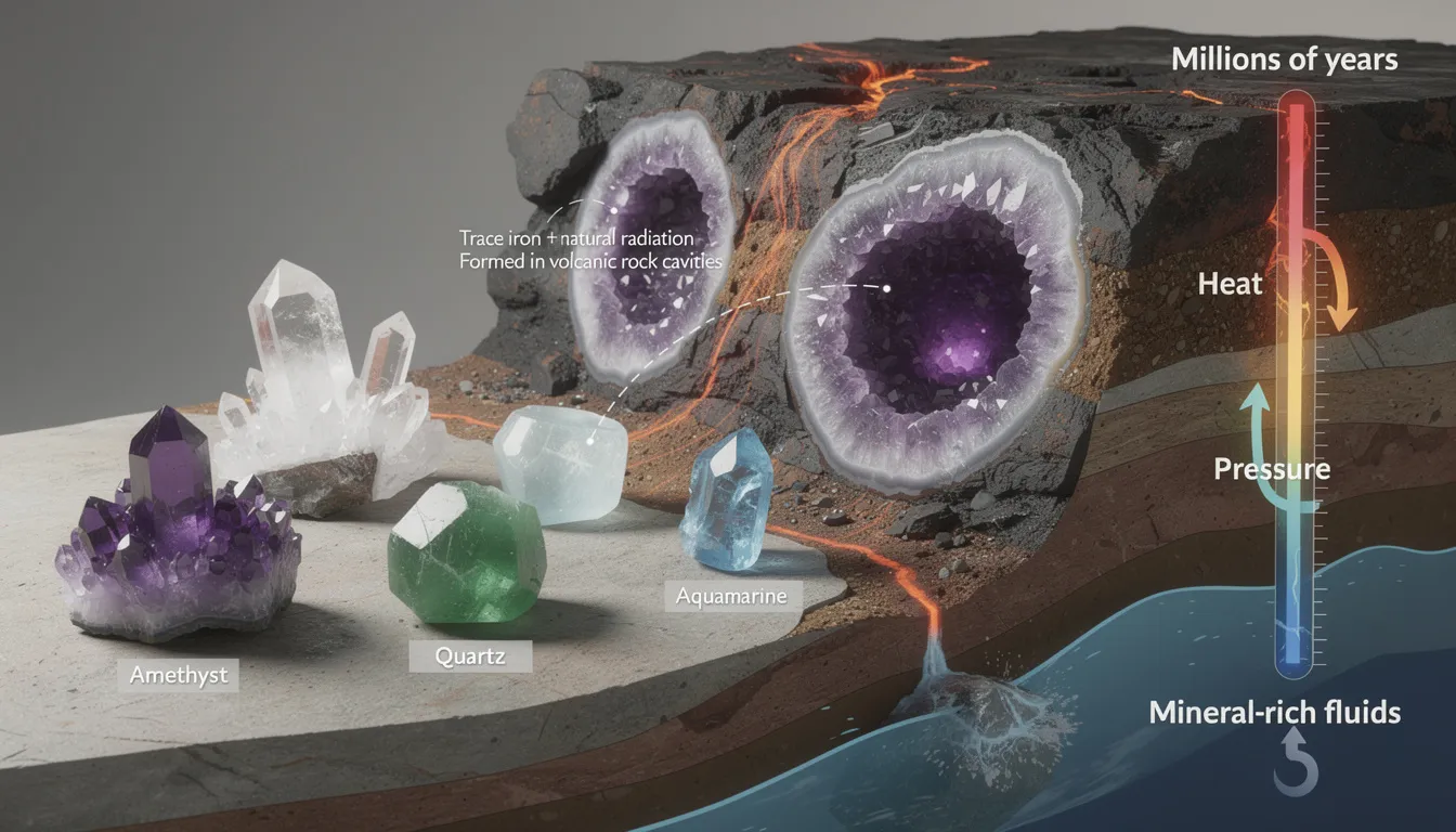 The image showcases a collection of various natural crystals, including amethyst, lapis lazuli, and quartz, each exhibiting unique colors and structures that highlight their geological origins. This display emphasizes the importance of understanding these characteristics for identifying genuine healing crystals and appreciating their true value.