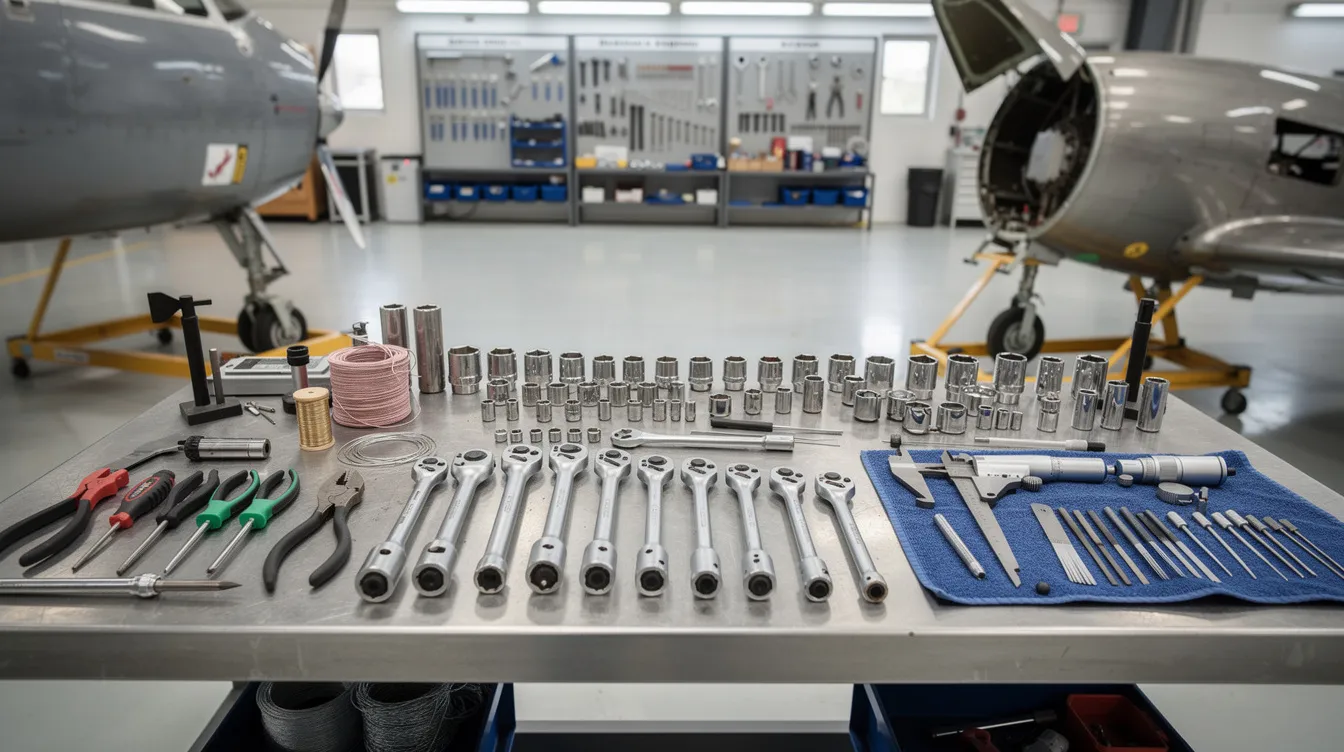 The image shows a workbench cluttered with various aircraft maintenance tools, including wrenches, screwdrivers, and pliers, all essential for performing repairs and assessments on aircraft systems. This organized setup reflects the skills and knowledge required for successful completion of aircraft mechanics courses and assessments.