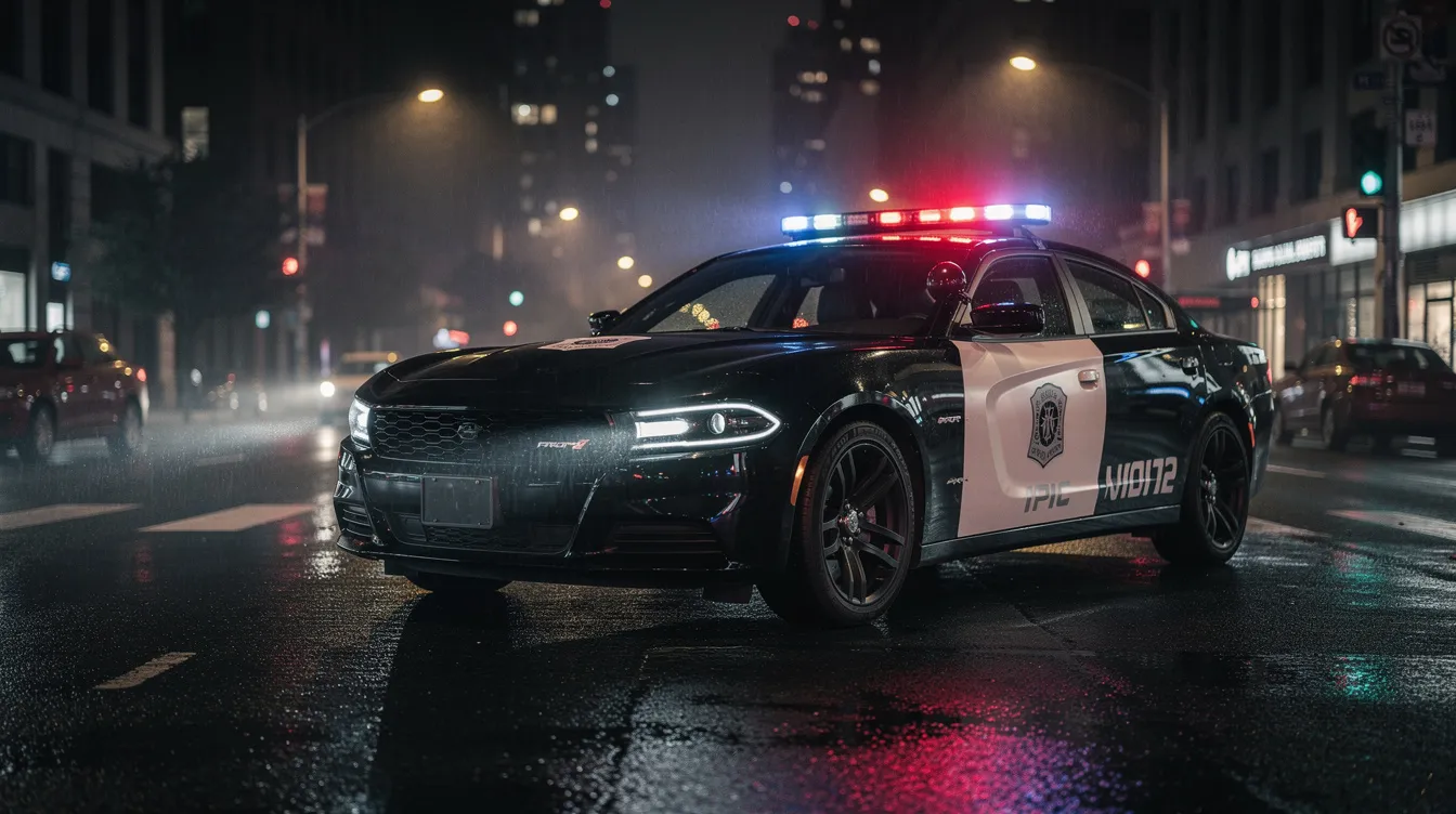 The image depicts a police car with its flashing lights activated, parked on a dark urban road at night, indicating a recent incident, possibly a drunk driving accident. The scene suggests urgency and the need for law enforcement in response to a potential car accident involving serious injuries or legal implications.