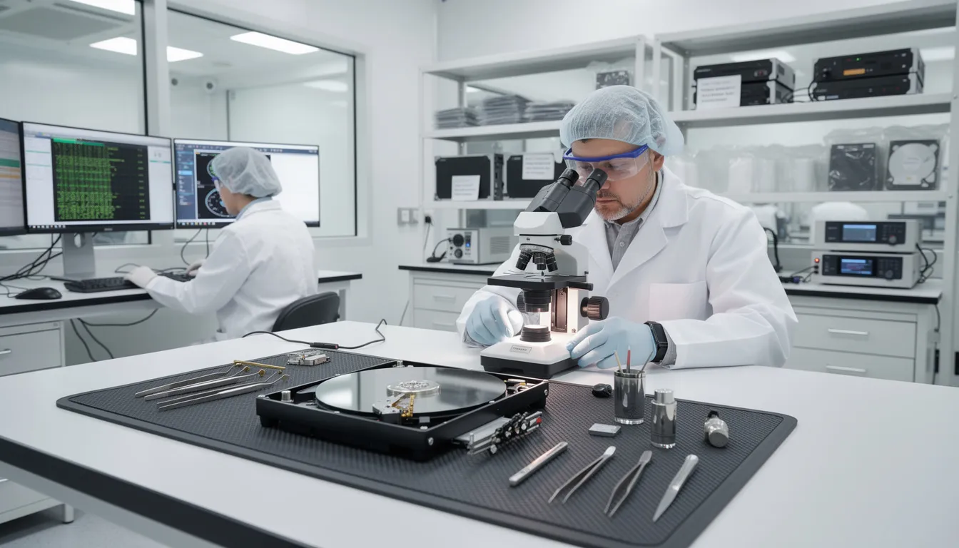 The image depicts a professional data recovery cleanroom laboratory where experienced engineers are meticulously working on the internals of hard drives, utilizing advanced tools and techniques to recover lost data and restore critical information. The cleanroom environment emphasizes the importance of data security and the data recovery process in addressing data loss challenges.