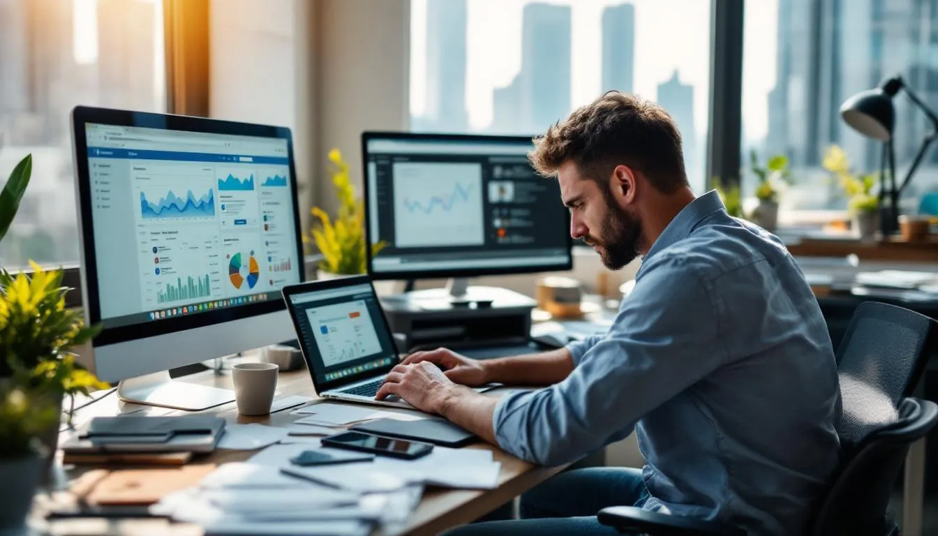 A small business owner sits at a cluttered desk overwhelmed by multiple devices, each displaying various social media platforms and accounts. The image reflects the challenges of social media management and marketing efforts, highlighting the complexities of maintaining a strong social media presence across multiple channels. A small business owner sits at a cluttered desk overwhelmed by multiple devices, each displaying various social media platforms and accounts. The image reflects the challenges of social media management and marketing efforts, highlighting the complexities of maintaining a strong social media presence across multiple channels.