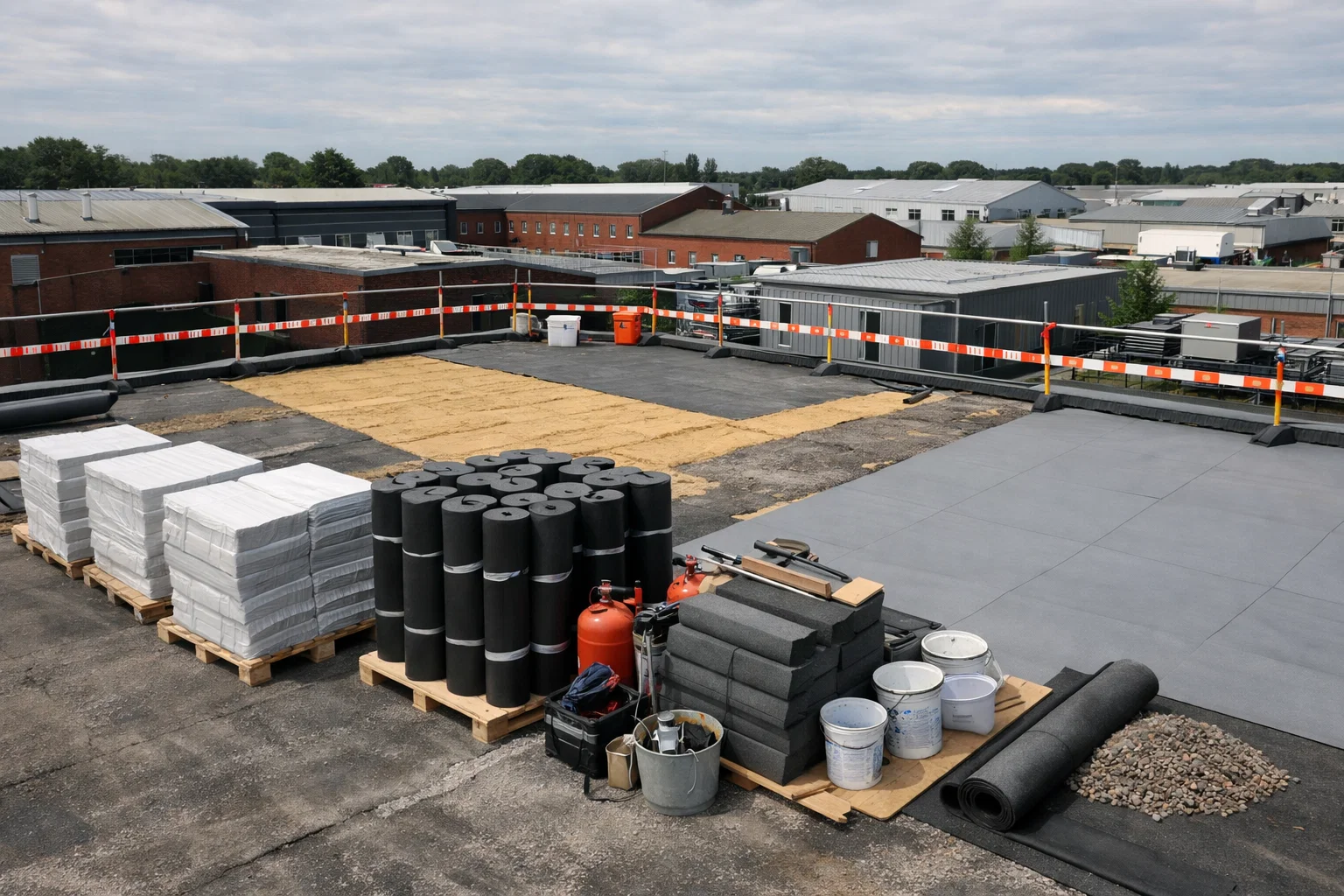 Commercial roofing installation work underway on a flat roof