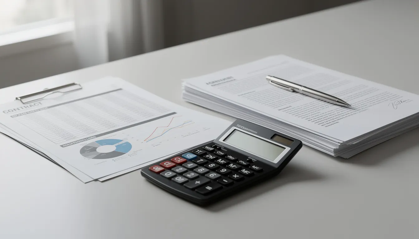 The image features a calculator placed next to various financial documents and legal papers, which are essential for real estate investors managing their personal and business assets. These documents may include tax returns and operating agreements related to their real estate investments and LLC formation, highlighting the importance of record keeping and understanding tax benefits.