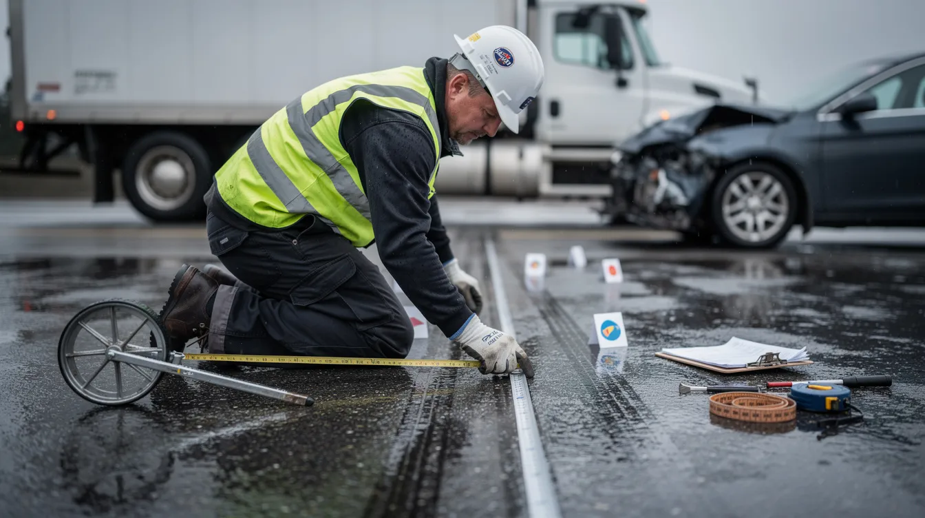 The image depicts a close-up of a truck accident investigation scene in Seattle, featuring a professional accident reconstructionist in a safety vest meticulously documenting skid marks on wet asphalt with measuring tools. In the blurred background, a large commercial truck and a damaged car can be seen, highlighting the complexities of truck accident cases and the importance of thorough evidence collection in personal injury claims.