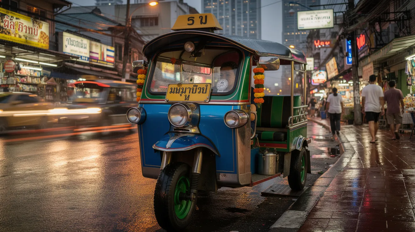 A imagem mostra um tuk tuk colorido, típico de Bangkok, circulando pelas movimentadas ruas da cidade. Ao fundo, é possível ouvir o som da vida urbana e sentir a energia do povo tailandês, enquanto turistas exploram os templos e mercados locais.