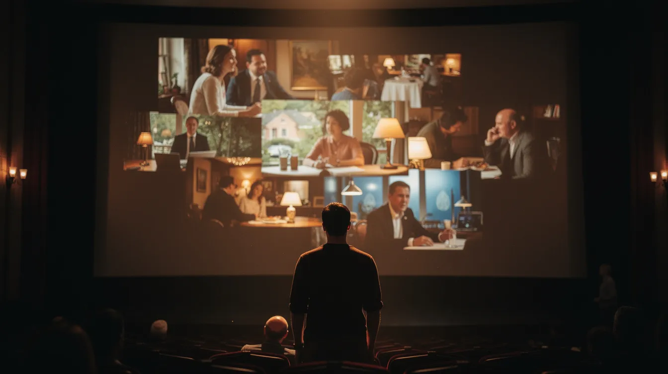 Eine Person steht vor einer großen Leinwand, auf der verschiedene Szenen einer Serie zu sehen sind, die wie Erinnerungen wirken. Die warme Kinobeleuchtung schafft eine nostalgische Atmosphäre, während die Hauptfigur in die Handlung eintaucht.