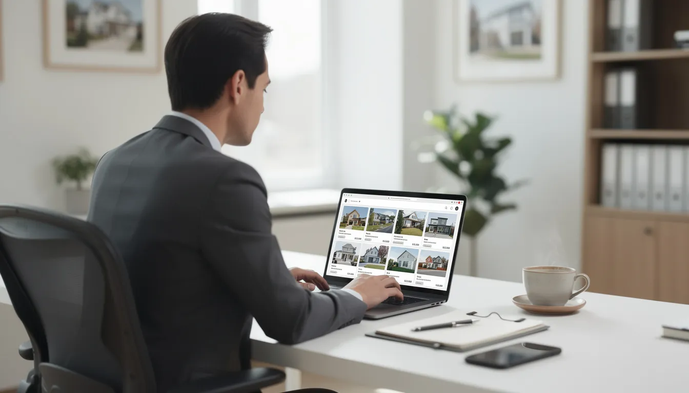 A modern real estate agent is seated at a desk, focused on a laptop displaying property listings, while a cup of coffee sits nearby. The workspace reflects a professional environment, ideal for engaging clients and managing the entire property search process.
