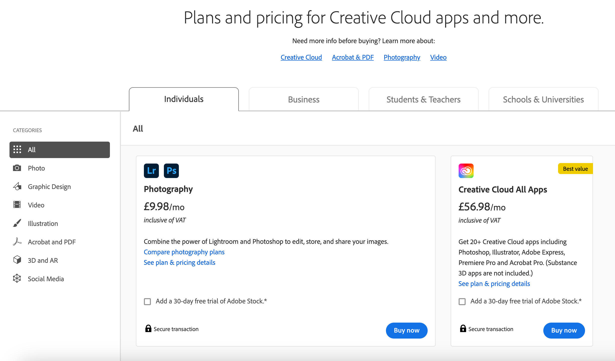 Adobe Creative Cloud Pricing plans