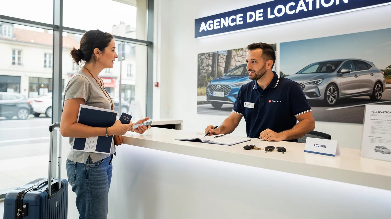 L'image montre un comptoir d'agence de location de voitures où un agent discute avec un client, probablement concernant les conditions de location pour un road trip à travers l'Europe. Des documents et brochures sur les véhicules disponibles sont visibles sur le comptoir, créant une ambiance accueillante pour les voyageurs.