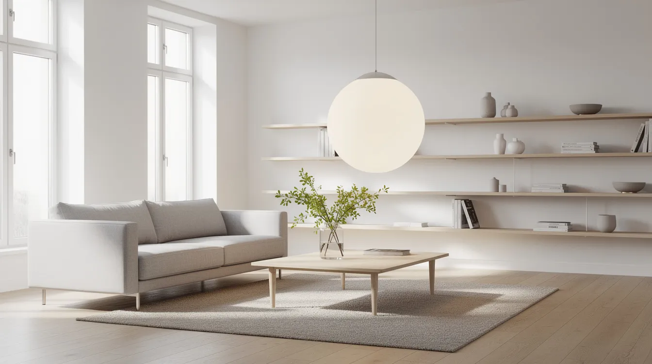 En klassisk opalvit klotlampa hänger elegant i taket över ett ljust vardagsrum med skandinavisk inredning, och ger ett mjukt ljus som skapar en varm och inbjudande atmosfär. Lampan, som är en del av en stilren design, passar perfekt ovanför matbordet och bidrar till rummets moderna känsla.
