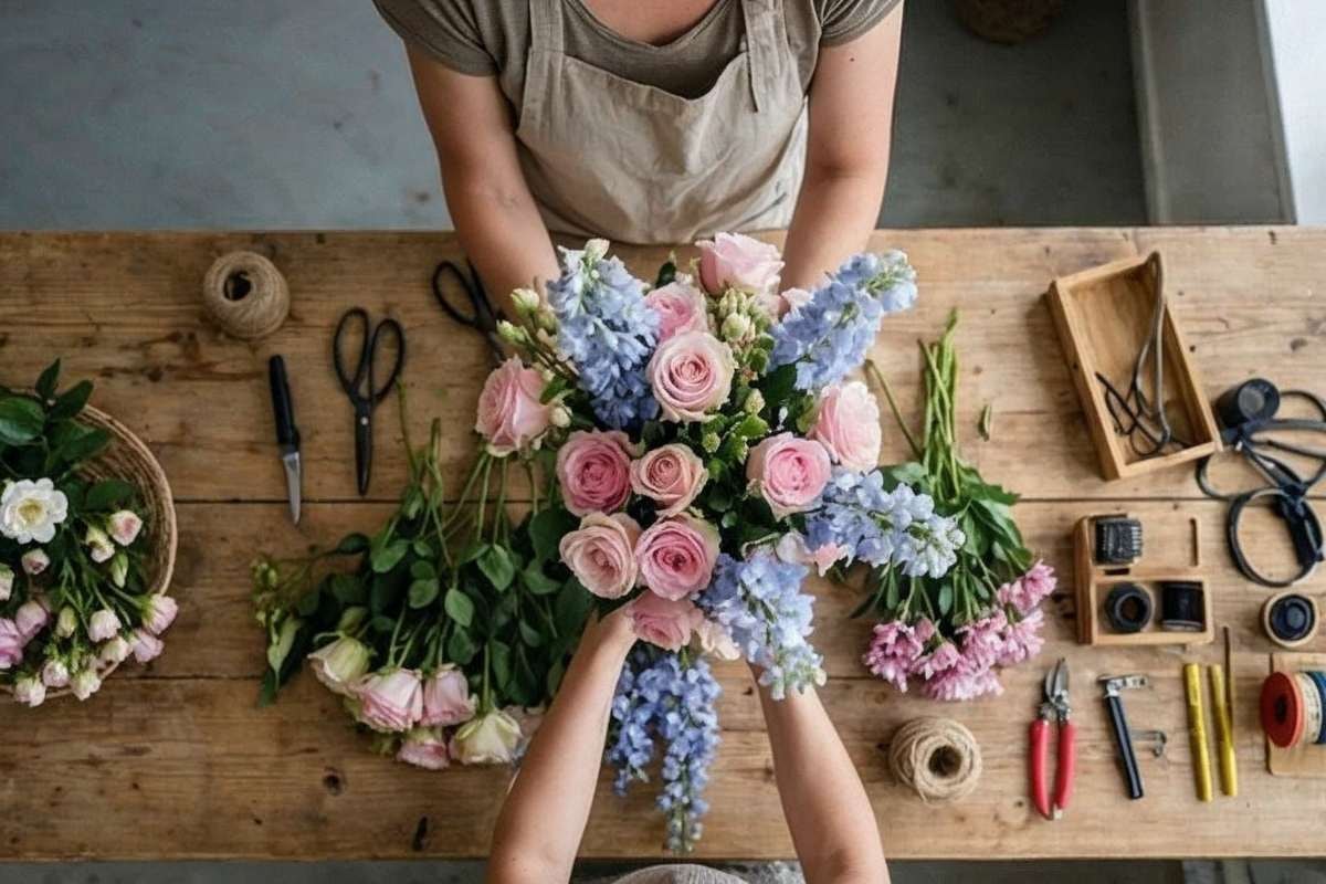 Top-down florist workspace with a finished bouquet, loose roses, blue flowers, twine, and scissors—prepping for delivery or styling.