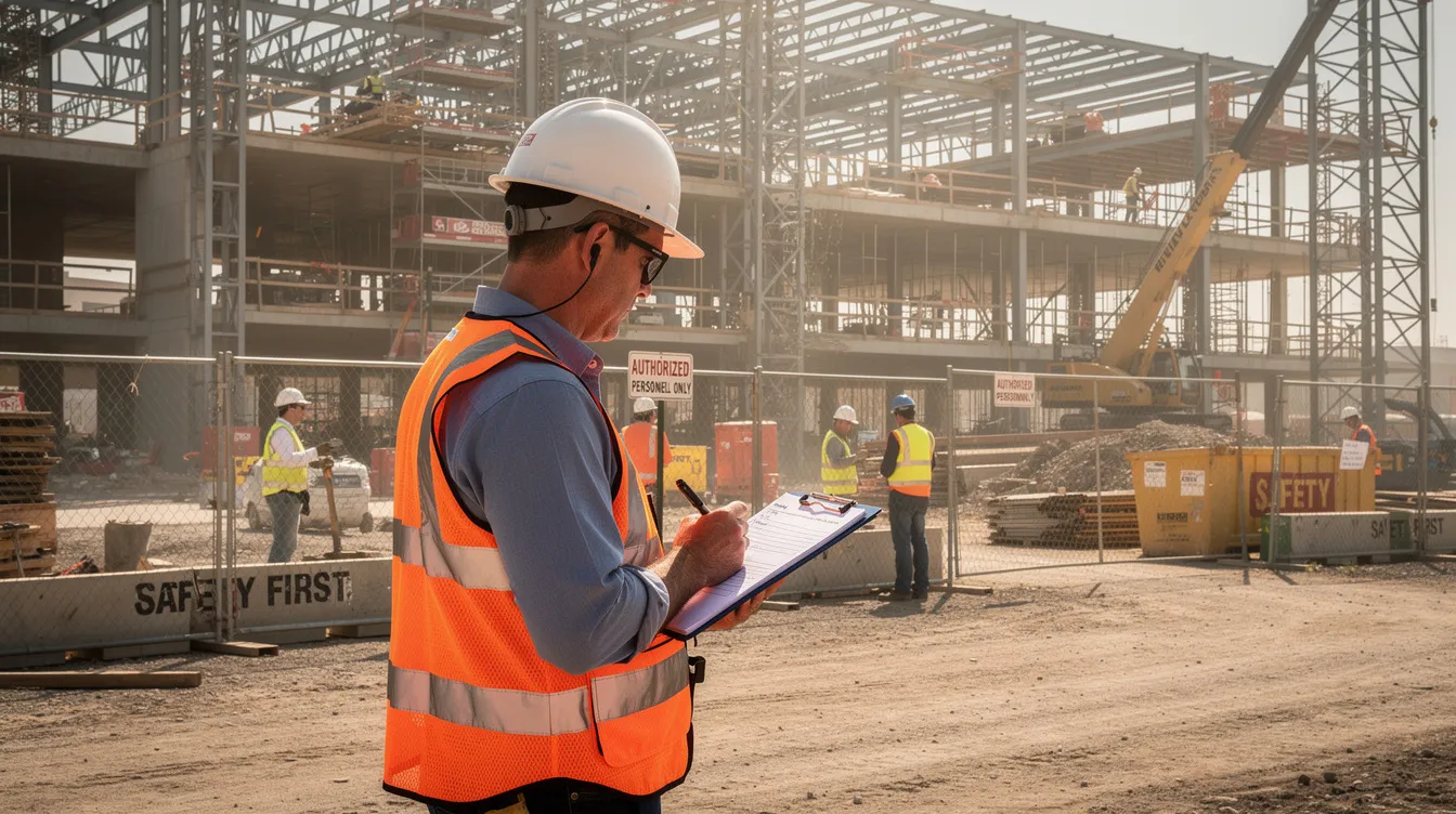 A superintendent with a clipboard is conducting a safety walk-through on an active commercial construction site, ensuring that safety protocols are being followed by construction workers. This proactive hazard identification is essential for maintaining workplace safety and fostering a strong safety culture within the construction industry.