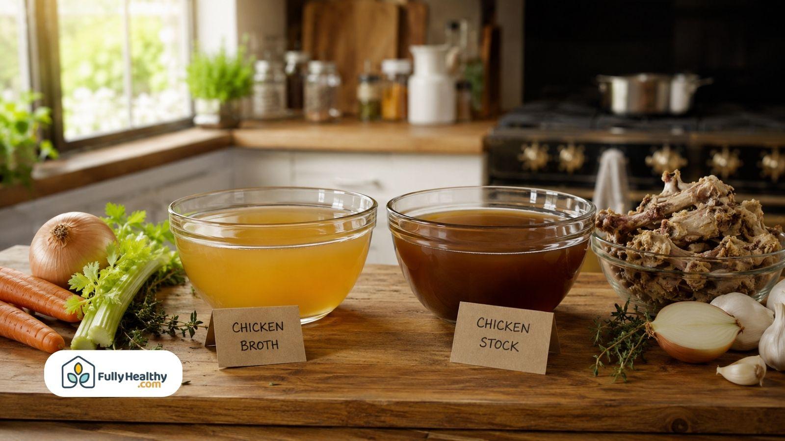 Chicken broth and stock comparison in rustic kitchen setting