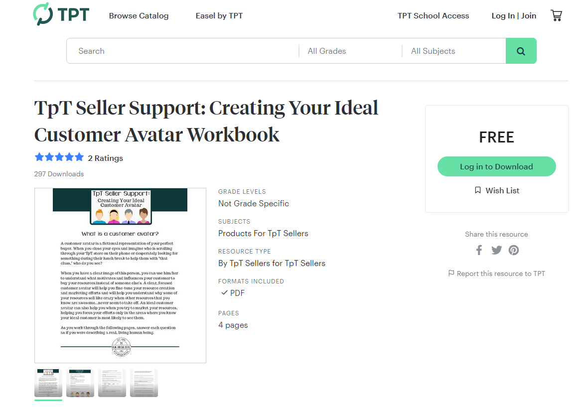 A free workbook for creating your customer avatar on TPT