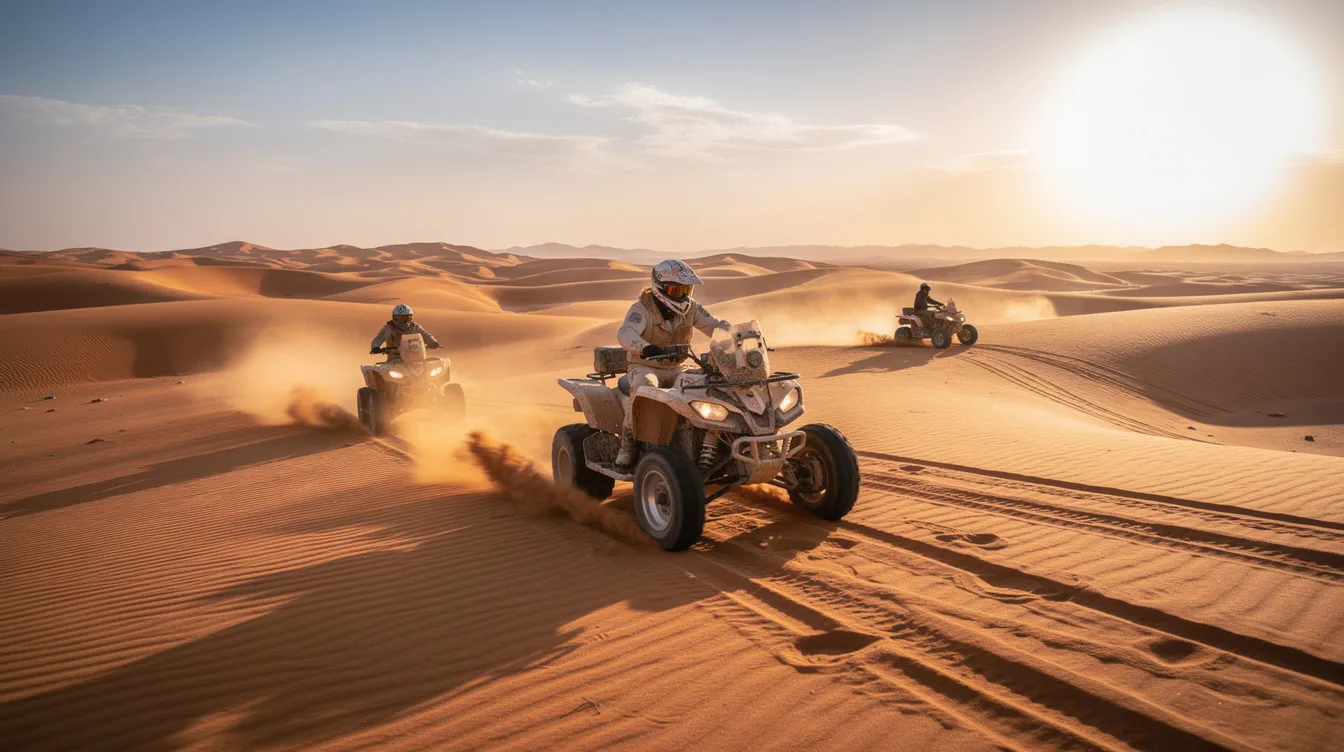 Imagem de uma emocionante excursão de quadriciclo pelo deserto de Agafay, em Marrakech, onde camelos caminham entre as dunas de areia sob o sol radiante. A cena captura a beleza das cores do deserto, com estruturas de glamping ao fundo, proporcionando uma experiência luxuosa em meio à natureza.