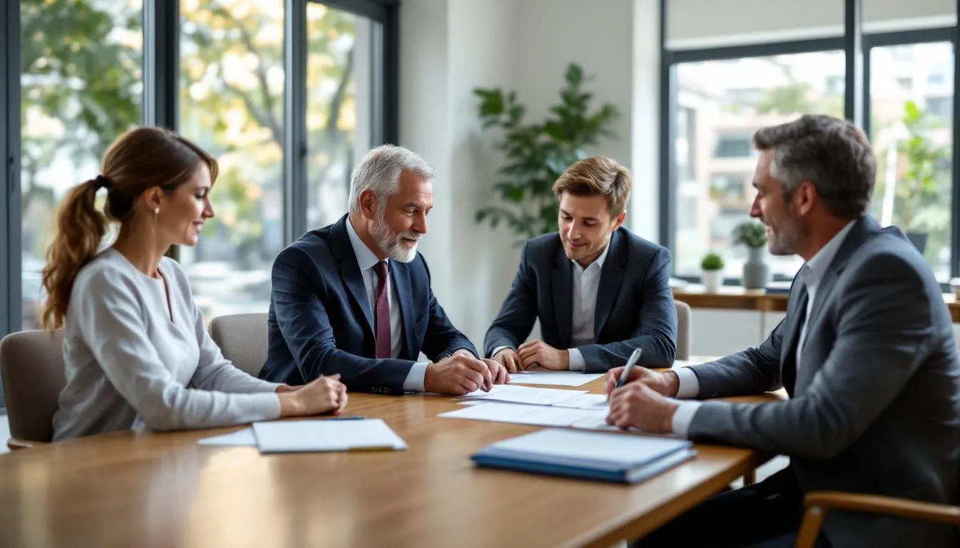 A family is gathered around a table with an estate planning attorney, reviewing legal documents related to their retirement plan and financial future. The atmosphere is focused as they discuss strategies for achieving their retirement goals and managing their assets.