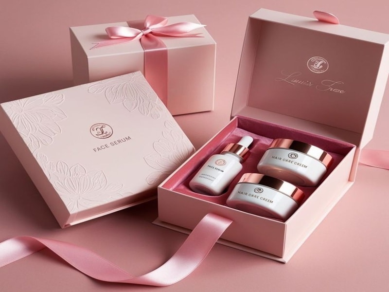 Pink luxury skincare gift set displayed in an open box, featuring a face serum bottle and two hair care cream jars, arranged neatly on a soft pink background with ribbon-wrapped packaging.