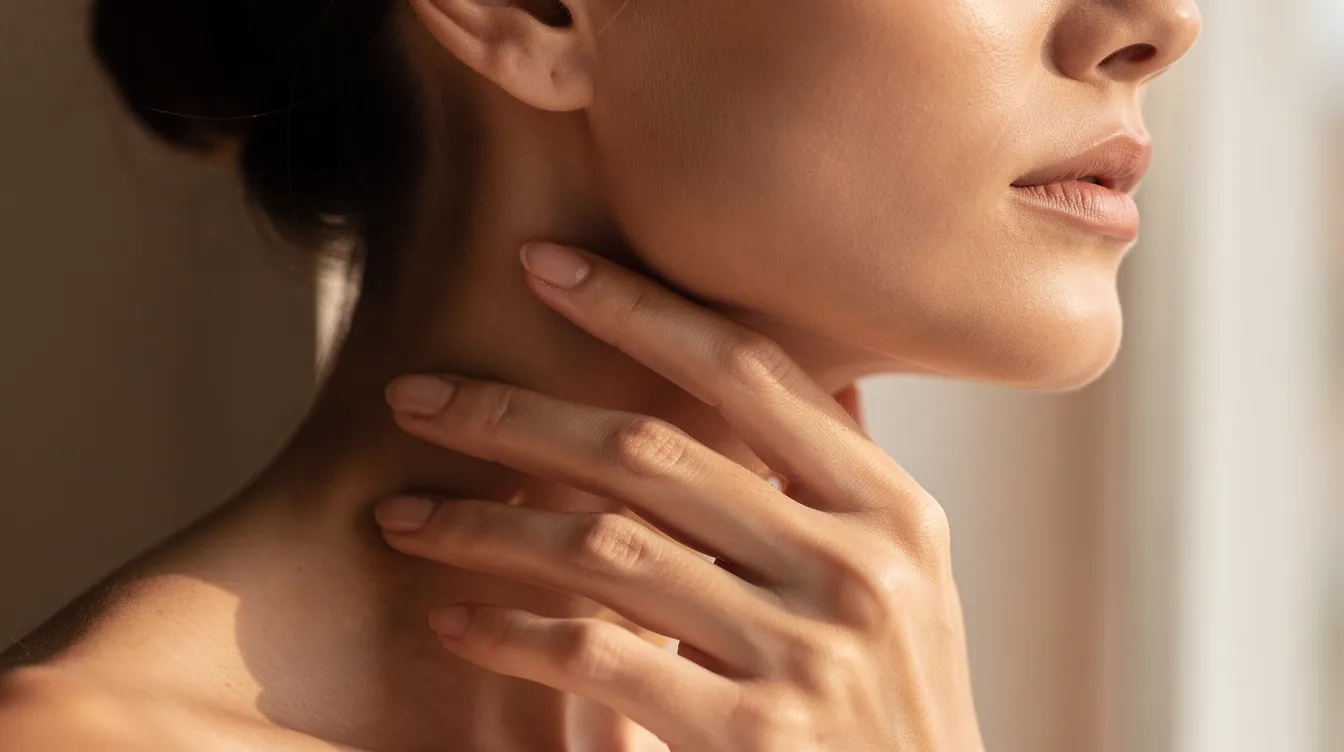 A side profile of a person gently touching their jawline and neck, illuminated by soft natural lighting, highlighting the chin and neck area. This image subtly suggests concerns about excess fat in the submental region, which may lead individuals to consider procedures like submental liposuction for a more defined jawline and youthful appearance.