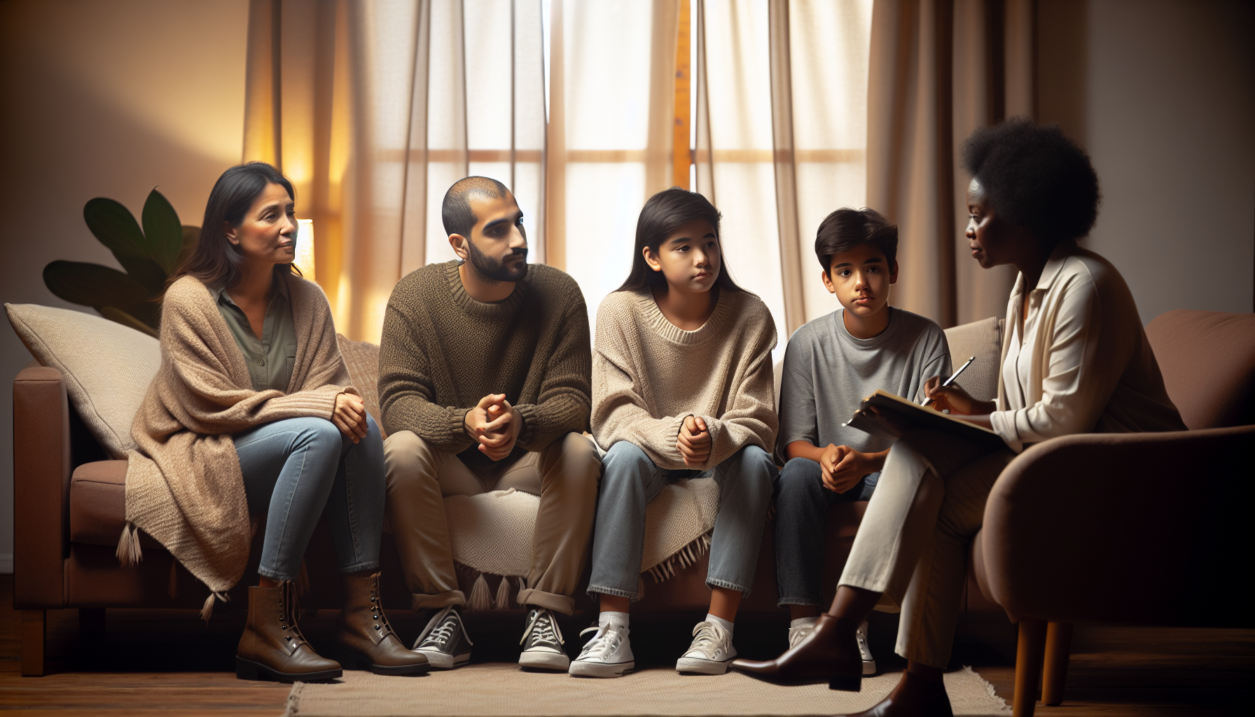 Illustration of a family participating in a therapy session with a mental health professional