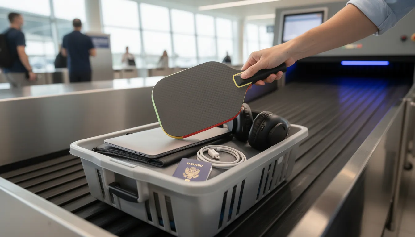 A pickleball paddle is placed in an airport security screening bin alongside other carry-on items, such as soft clothing and personal belongings, illustrating the process of carrying sports equipment while adhering to airline regulations. This image highlights the importance of being aware of specific restrictions when traveling with sports gear.