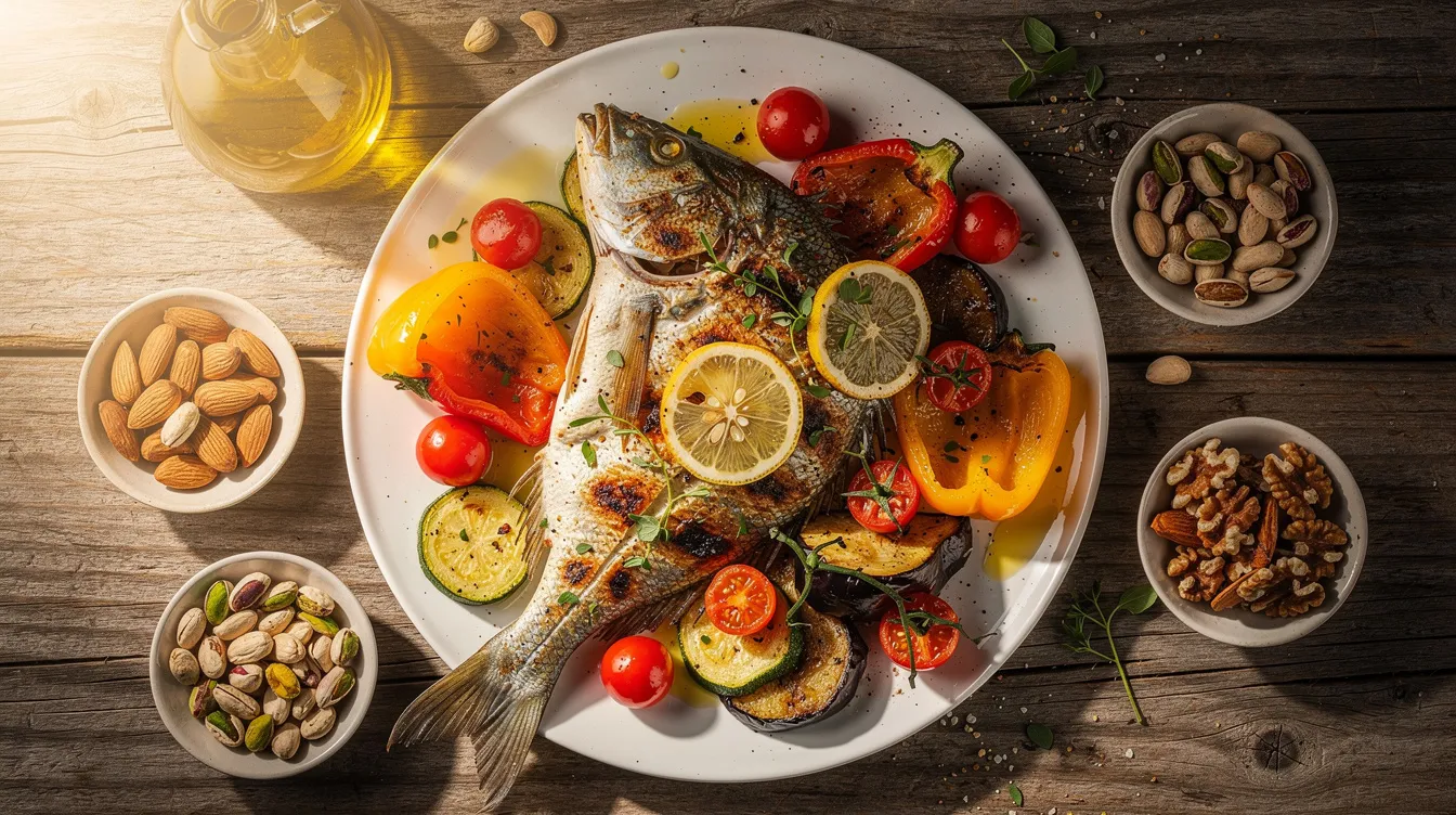 The image depicts a vibrant Mediterranean meal featuring grilled fish, an array of colorful vegetables, and a sprinkle of nuts, showcasing a healthy diet that supports overall health and cellular metabolism. This nourishing plate emphasizes the importance of good nutrition in promoting energy levels and well-being.