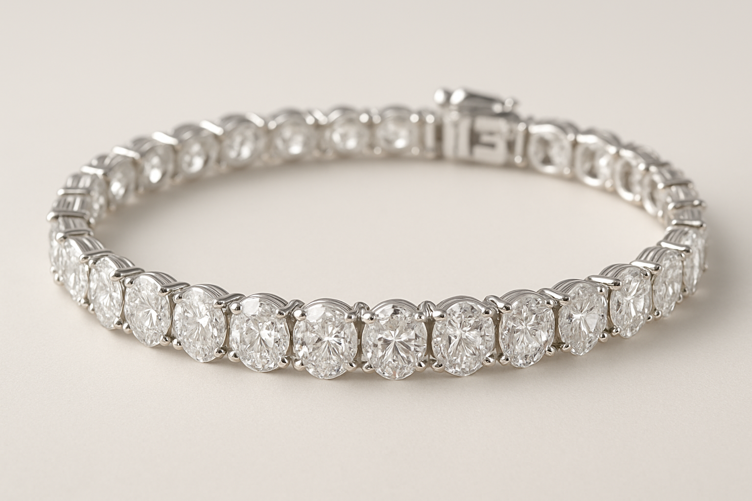 Tennis apyrankė su ovalios formos deimantais baltame aukse, išdėstytais ištisine linija, elegantiškai išlenkta ant šviesaus fono, pabrėžiant deimantų spindesį ir prabangą.