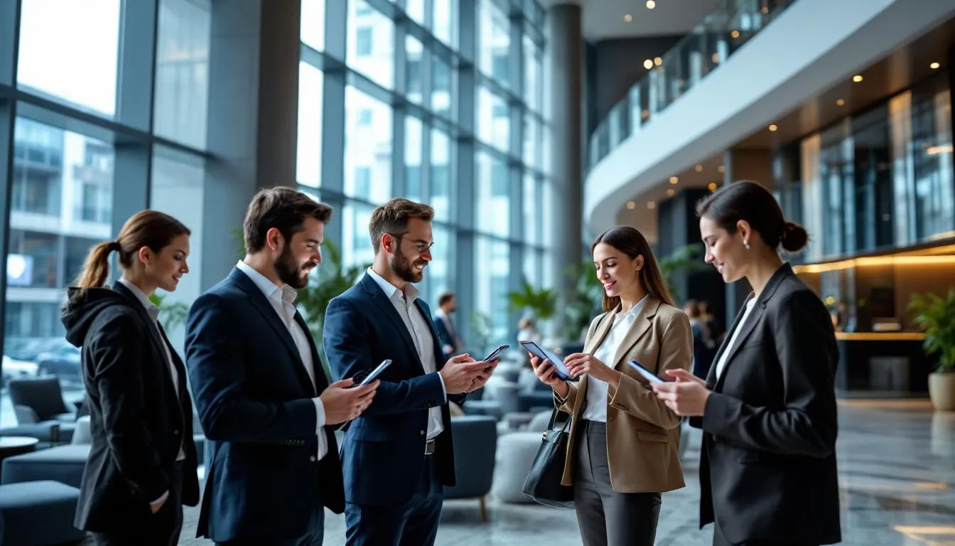 In a modern hotel lobby, guests are seen engaged with their smartphones and tablets, utilizing a hotel booking engine to make direct bookings and enhance their guest experience. The atmosphere is bustling, showcasing the convenience of online reservations and the importance of a user-friendly booking process in today's hospitality industry.