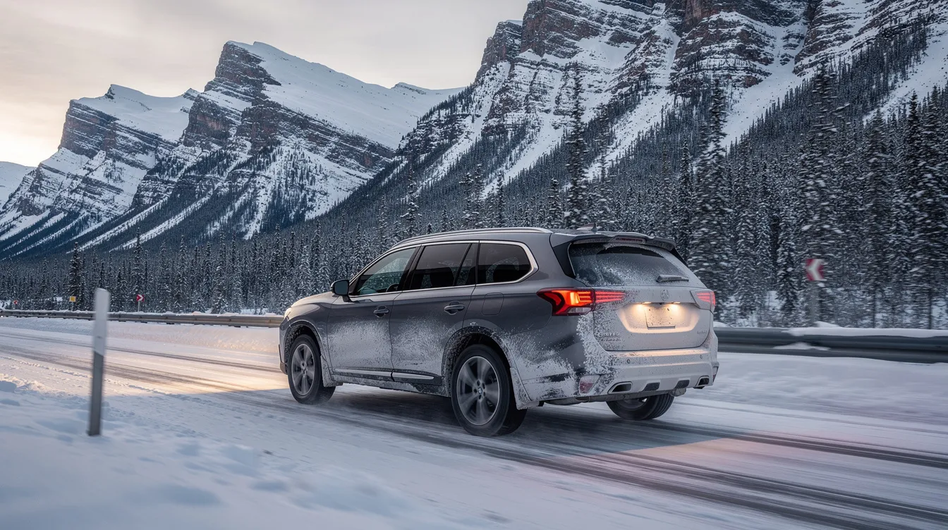 A family SUV drives along a snowy Canadian highway, with majestic mountains in the background, embodying the spirit of a road trip ready for a spring break getaway. The scene captures the vehicle's exterior lights and the beautiful natural wonders of the surrounding landscape.