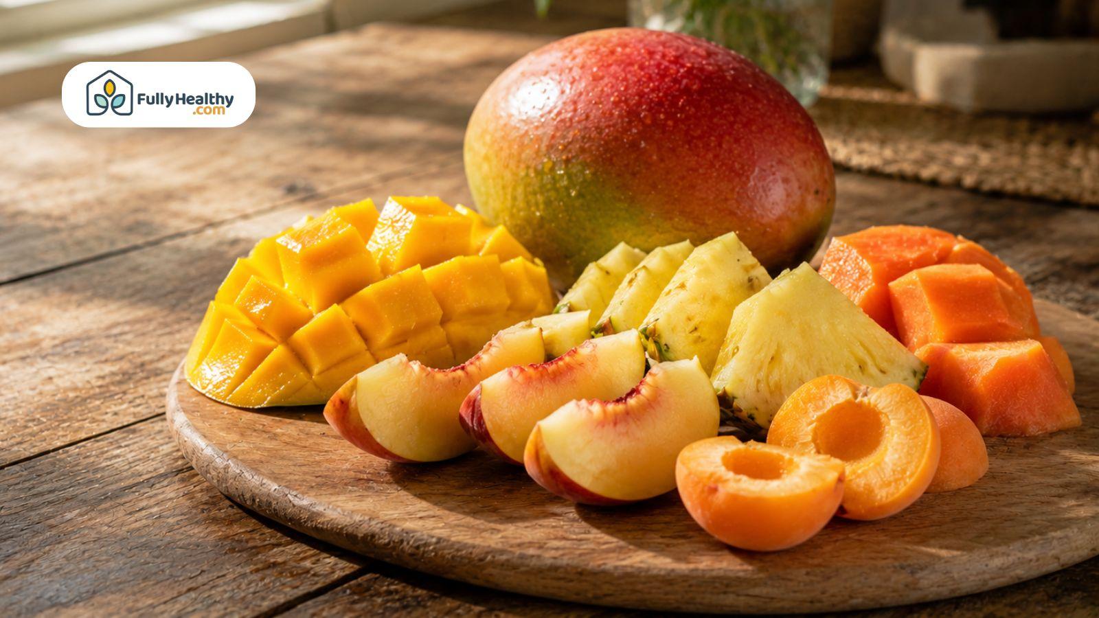 Ripe mango displayed with sliced peach, pineapple, papaya, and apricot on a rustic wooden table.