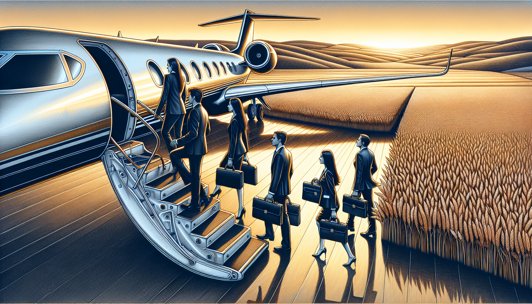 Illustration of business professionals boarding a private jet in Olathe Kansas