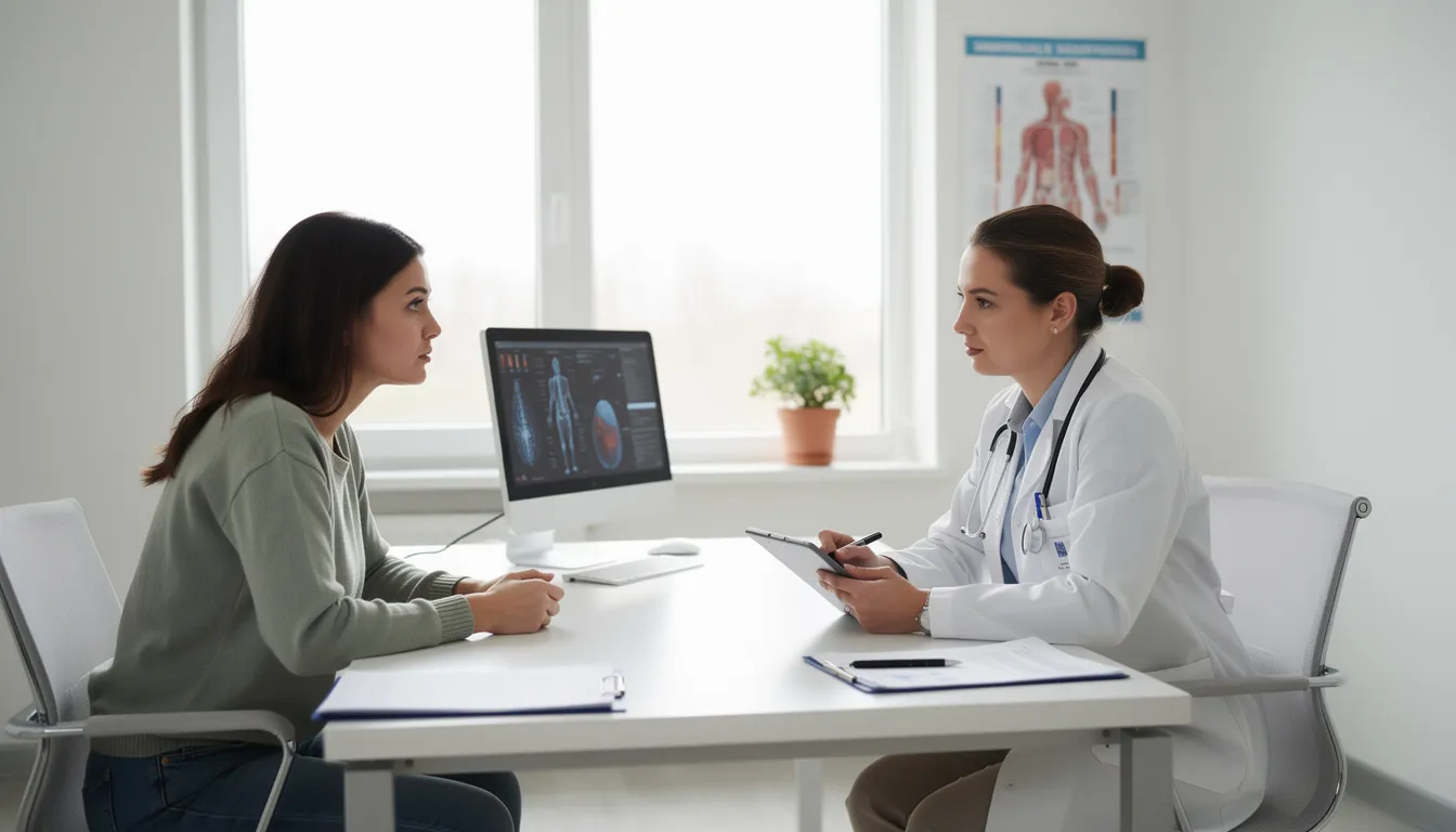 Une patiente est assise dans un cabinet médical moderne, en discussion avec son médecin au sujet du syndrome des ovaires polykystiques (SOPK), abordant des thèmes comme le cycle menstruel, l'impact sur la reproduction et les traitements disponibles. Le médecin consulte un dossier, mettant en avant l'importance d'un diagnostic précis pour la prise en charge de cette affection chez les femmes.