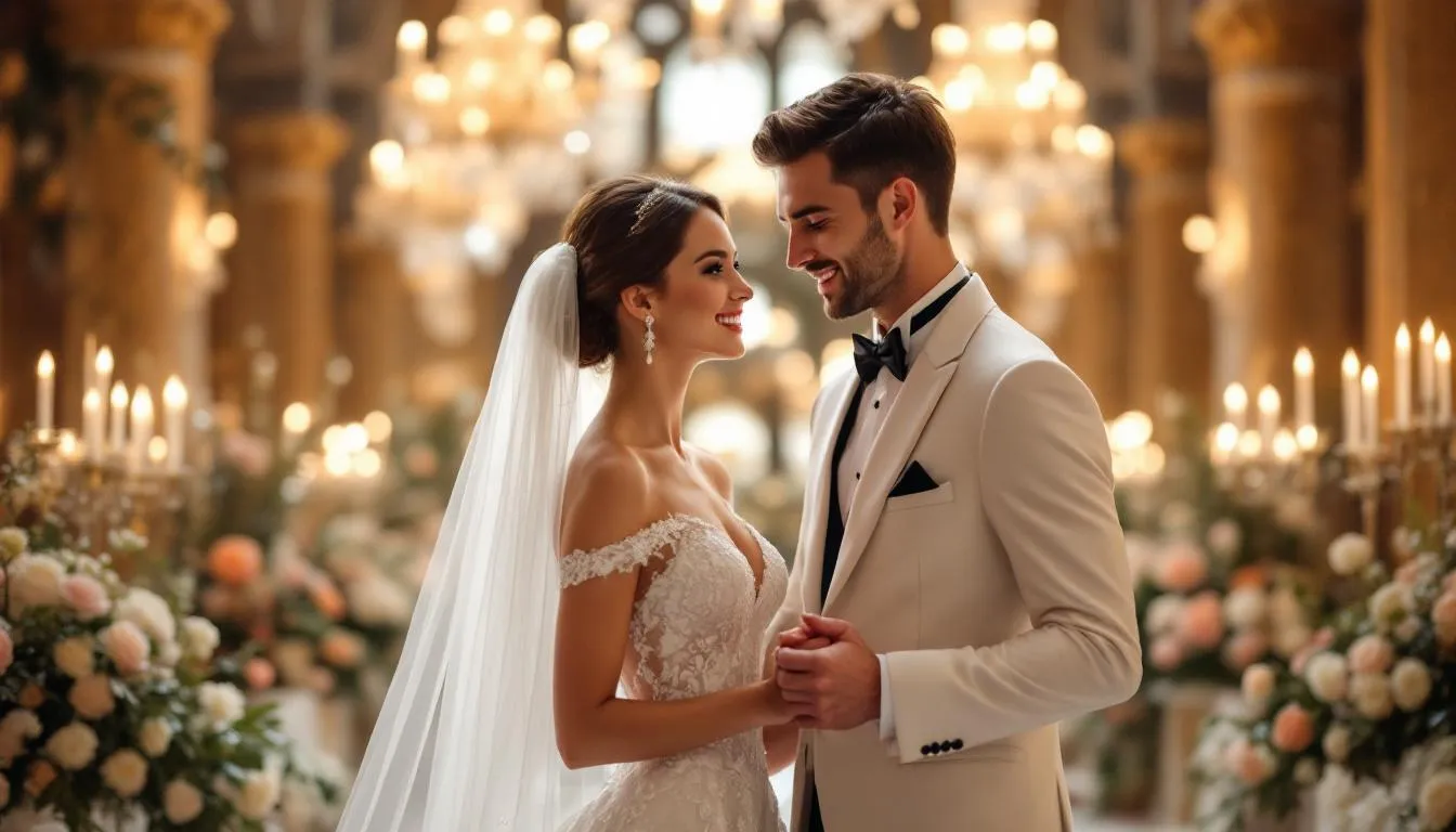 Ein elegantes Brautpaar steht während der Trauzeremonie in einem festlichen Ambiente, umgeben von Gästen, die die romantischen Momente ihrer Hochzeit in Frankfurt am Main genießen. Die Kulisse des Trausaals schafft eine feierliche Atmosphäre für die Eheschließung.