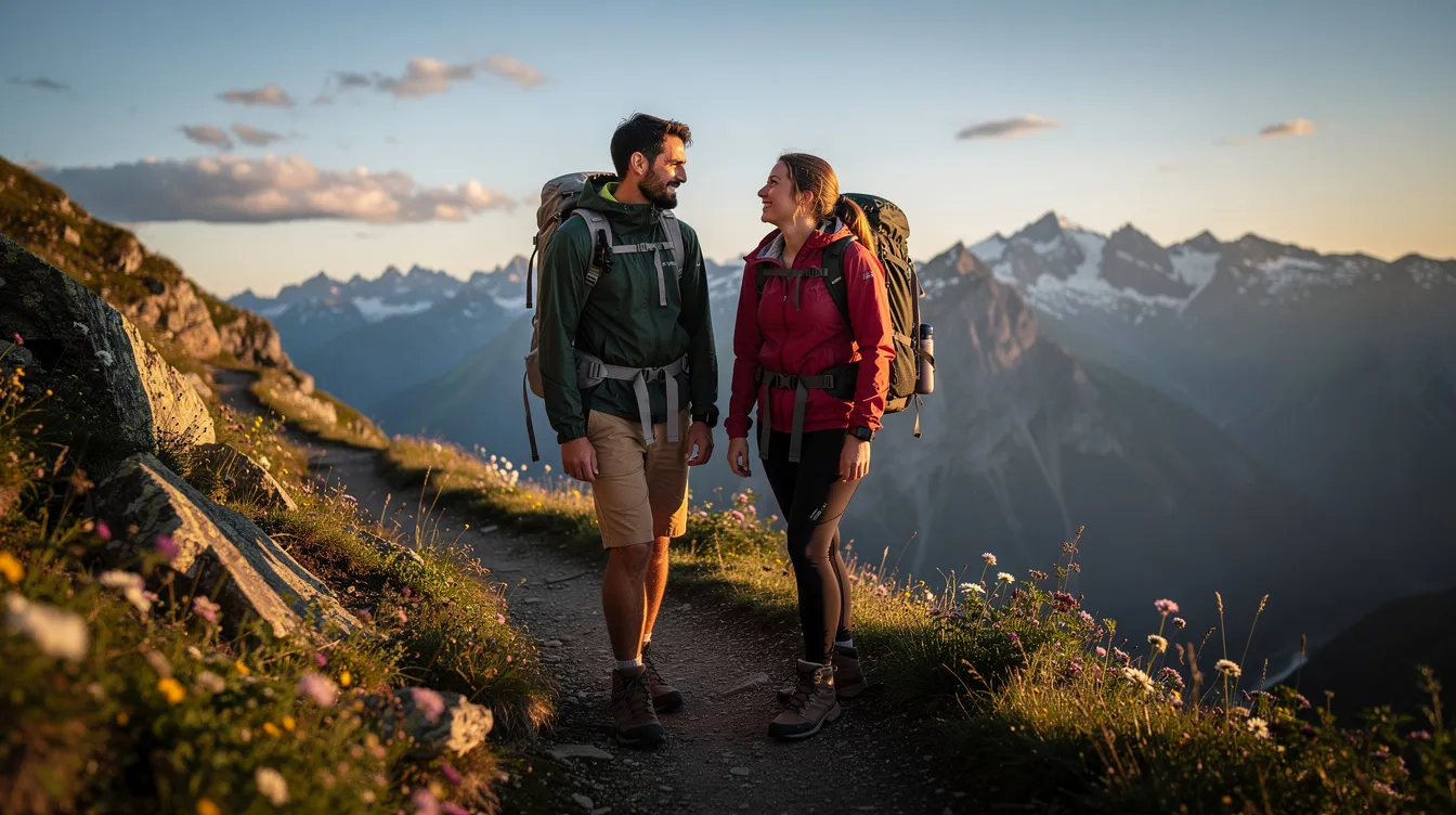 A couple is hiking together on a scenic trail, enjoying the beauty of nature and each other's company, reflecting the modern dating scene's emphasis on shared experiences and emotional intimacy. Their interaction showcases the connection often sought in today's dating trends, where outdoor activities become a backdrop for new relationships and lasting memories.