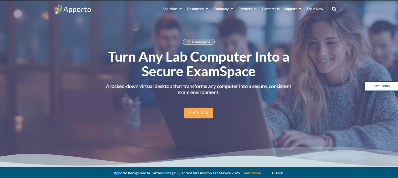 Apporto ExamSpace homepage featuring a secure virtual desktop platform for online exams with locked-down testing environments, browser security, and academic integrity solutions.