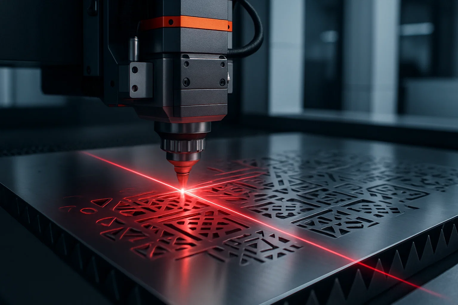 High-precision laser cutting machine processing stainless steel sheet in a modern fabrication workshop.