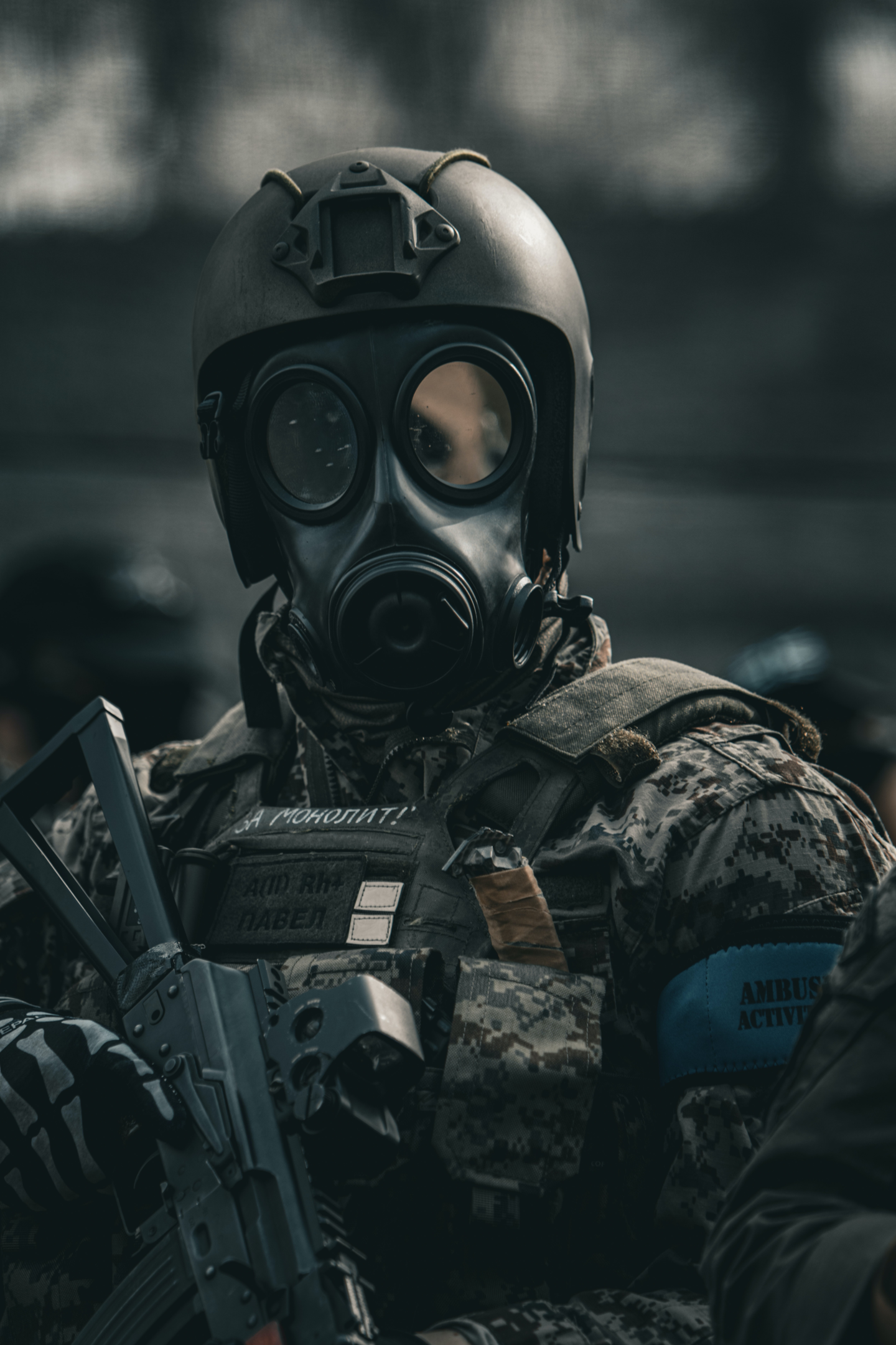 soldier wearing a gas mask
